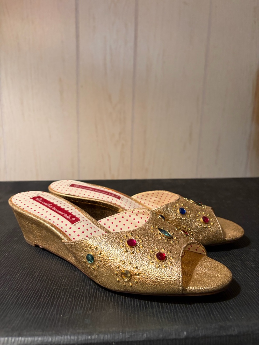 Gold Gem-Embellished Women's Wedge Slides size 7.5 vintage style